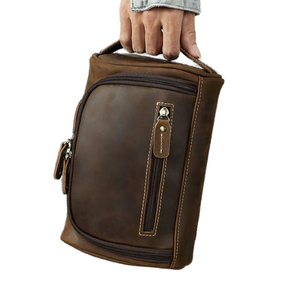 Vintage Leather Toiletry Bag with Zipper Closure and Soft Handle Portable Cosmetic <b>Case</b> Medium Size - Product Image 1
