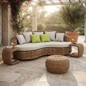 Outdoor Organic Curved Rattan Sofa Daybed Mahogany Wood Frame Cl Rattan Daphnie Cream Sr10 Lime Cushion Couch Setup Art - Product Image 4