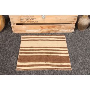 พรมวินเทจขนาด 2.3x2.1 ฟุต พรมตุรกีขนาดเล็ก พรมลายทางสีน้ำตาลเบจ - Product Image 1