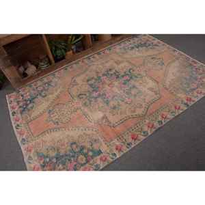 Tapis en laine turque vintage de 4.5x7,2 pieds, tissage plat patchwork beige et bleu pour décorations de salon avec support en latex - Product Image 5