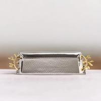 Vente en gros plateau exclusif en acier inoxydable poignée feuille d'or assiette de service en chocolat argenté nickelé plaque de chargement en aluminium