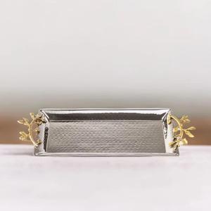 Vente en gros plateau exclusif en acier inoxydable poignée feuille d'or assiette de service en chocolat argenté nickelé plaque de chargement en aluminium - Product Image 3