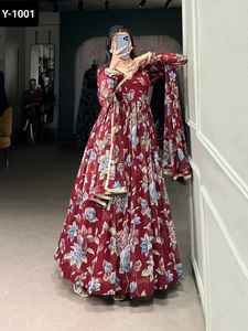 Indian Designer Women Wear Marble Silk Anarkali Gowns with Floral Print With Lace Touch Up Gowns Indian Salwar Kameez <b>Suit</b> - Product Image 2