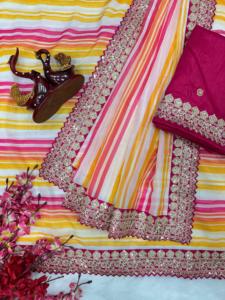 Leriya ชุดส่าหรีผ้าไหมหลากสีสำหรับงานแต่งงานงานเลี้ยงเทศกาลดิวาลีพิมพ์ลายแบบนิ่ม - Product Image 4