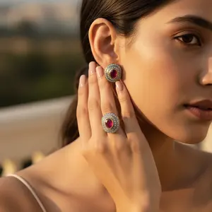 Juego de Anillo y Aretes de Oro de 18K y Rodio con Diseño de Osos y XOXO con Rubíes para Mujer - Joyería de Regalo - Product Image 2