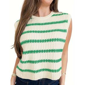 Chaleco de punto a rayas con cuello redondo verde y marfil, top sin mangas para mujer - Product Image 1