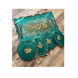 Plateau ovale en résine époxy Offres Spéciales avec sous-verres de forme ronde pour la maison hôtel plateau de service en résine de couleur bleue avec ensemble de sous-verres - Product Image 6