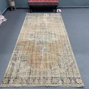Turkish Large Rug, 4.8x10 ft Vintage Rug, <b>Brown</b> Check <b>Wool</b> Rug - Product Image 1