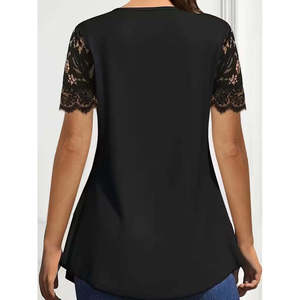 Women'<b>s</b> Short-Sleeved V-Neck Lace Buttoned Viscose <b>Blouse</b>, 35794 - Black - Product Image 2