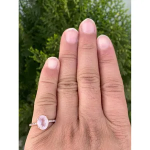 925 Silver Oval Cut Rose <b>Quartz</b> <b>Ring</b> Romantic Gemstone Engagement Rhodium Plated Set with Natural Stone Inlaid with Diamond - Product Image 4