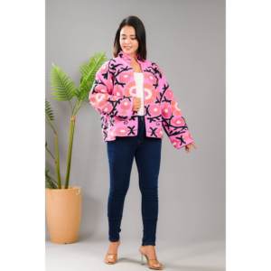 Pink Flower Embroidery <b>Reversible</b> <b>Jacket</b> for Ladies Customizable Logo Quilted Boho Outerwear for Spring Autumn Short Winter Coat - Product Image 3