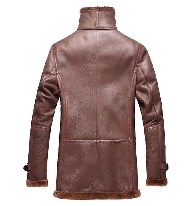 Wholesale Price Men's Genuine Leather Jacket Trench Coat Men Brown Double Breasted Shearling Sheepskin Real Leather Long Coat