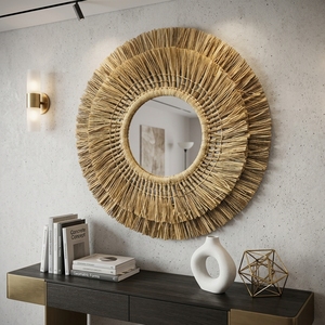 Miroir mural en macramé naturel Mendong, miroir rond suspendu à franges superposées, style soleil, décoration artistique pure pour la chambre, artisanat bohème pur - Product Image 5