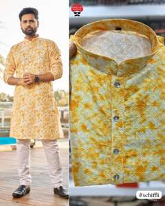 Kurta pour homme en soie lourde, séchage rapide, toutes saisons, coupe classique, tenue de cérémonie, mariage, travail de broderie Chikan Schiffli, imprimé indien - Product Image 5