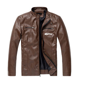 Chaqueta de bombardero de piel de vaca holgada de invierno para hombre, cuello levantado, cremallera asimétrica, motocicletas ecológicas con logotipo frontal - Product Image 1
