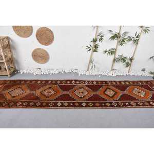 พรมวินเทจขนาด 2.6x11.2 ฟุต พรมลายทางสไตล์ตุรกี พรมลายต้นไม้และพืชสีน้ำตาลส้ม - Product Image 2