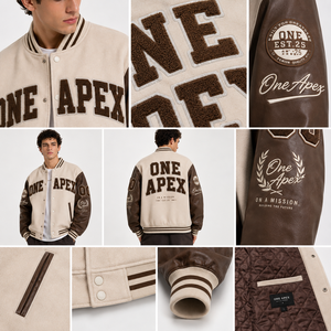 เสื้อแจ็คเก็ตเบสบอลแบบ Letterman สำหรับผู้ชาย สีเบจ-น้ำตาล ตัวเสื้อทำจากผ้าขนสัตว์ แขนเสื้อทำจากหนัง PU ปักลาย Chenille  แบบ OEM Varsity Jacket - Product Image 2