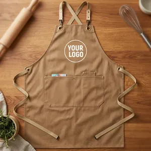 Classic Reusable Canvas Bib <b>Apron</b> with Adjustable <b>Waist</b> and Front Pockets for Cleaning Supplies - Product Image 1