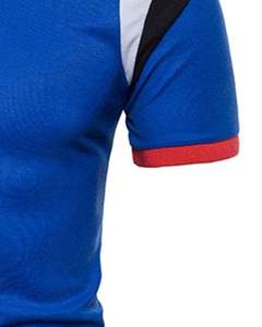 Customized Men Royal <b>Blue</b> Polo <b>Shirt</b> With <b>Red</b> Collar Black <b>And</b> <b>White</b> Shoulder Panels Short Sleeve Button Casual Slim Fit Top - Product Image 5