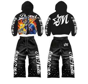 Ensemble de survêtement décontracté 2 pièces Street Wear DTF unisexe noir vintage délavé avec pantalon à taille élastique et cordon de serrage, capuche, écologique, hiver - Product Image 1