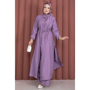 Ensemble 2 pièces élégant pour femme : Tunique longue à col mandarin en modal avec laçage et short en tweed coupe ample, couleur lilas, idéal pour le bureau - Product Image 4