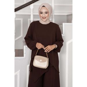 Ensemble deux pièces décontracté asymétrique Aerobin Hijab en crêpe tricoté plissé imprimé floral marron café avec boutons pour femmes musulmanes - Collection Printemps - Product Image 2