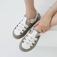 [JSHOE] Sandales plates décontractées urbaines pour femmes, bout fermé, été, respirantes, en cuir perforé, amortissantes, légères, fabriquées en Chine