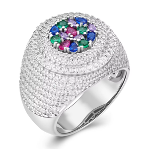 Bague en argent sterling 925 avec pierres précieuses multicolores, sertie de pierres, bijoux hip-hop de luxe avec sertissage à griffes, plaqué rhodium et or 14 carats - Product Image 1
