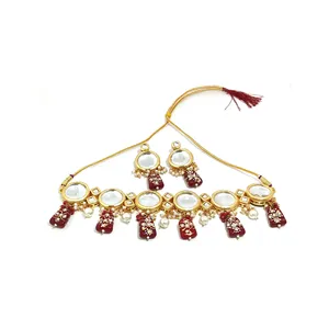 Vintage Red Kundan <b>Studded</b> Meenakari Necklace Set Stainless Steel Fine Bridal Jewelry with Pearl and Diamond for Gifts - Product Image 3