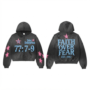 Sudadera con capucha para hombre, 320 GSM, algodón y poliéster premium, tejido negro lavado y desgastado, personalizada para bordado DTF con logo frontal. - Product Image 1