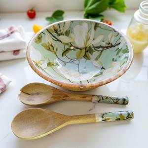 Bol à salade et à soupe rond en bois d'acacia multifonctionnel Art Déco, motif floral, fabriqué à la main pour les mariages, les hôtels, les restaurants, la cuisine - Product Image 1