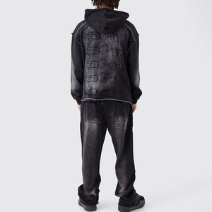 Conjunto de 2 piezas Distress con logotipo personalizado lavado ácido de moda Chándal personalizado ajustable de manga larga para hombre chándal Sun Fade - Product Image 3