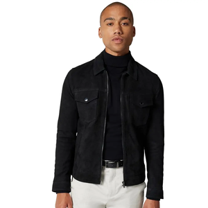 <b>Men's</b> Black <b>Suede</b> Zipper <b>Jacket</b> With Turn-down Collar And Pockets Casual Autumn Style Regular Fit - Product Image 2