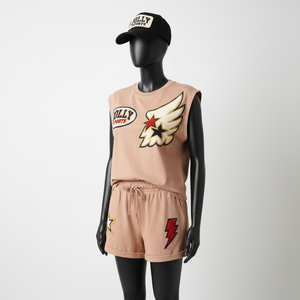 <b>Women</b> Sleeveless T <b>Shirt</b> <b>And</b> <b>Shorts</b> <b>Set</b> Premium 240 GSM Cotton Elastane Soft Touch Embroidered Logo <b>Set</b> 100% Cotton <b>Women's</b> <b>Sets</b> - Product Image 4