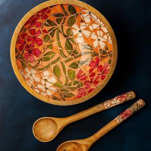 ARTWORK MAESTRO - Tazón de madera hecho a mano con dos cucharas con estampado de esmalte, decoración de mesa de lujo ecológica - Product Image 2