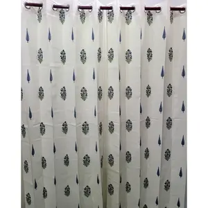 Cortinas y Cenefas de Algodón Estampadas a Mano Vinayakam, Blanco Bass Mugal Azul Butta, 8 Lazos - Product Image 3