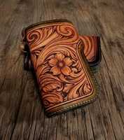 Dompet Lipat Dua Kulit Asli Buatan Tangan Dengan Emboss Bunga Gaya Vintage Penutup Tali Unisex Dompet Pendek Untuk Penggunaan Sehari-hari