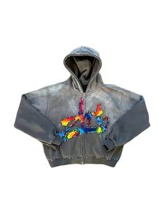 Sudaderas con Capucha Retro Personalizadas con Piedras Preciosas, Unisex, Talla Grande, Lavado Ácido, 100% Algodón, Gruesas, con Cierre, Sudaderas con Pedrería para Hombre y Mujer - Product Image 4