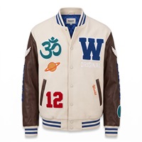 Blouson universitaire en chenille avec patchs, en laine crème et manches en cuir marron, modèle Letterman Made With Soul, OEM