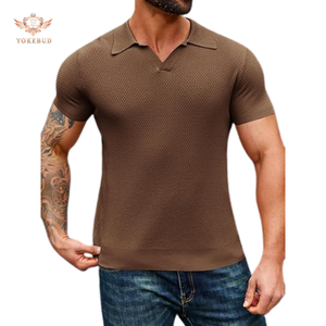 เสื้อโปโลผ้าคอตตอนถักสำหรับผู้ชายเสื้อคอวีผ้ายืดเข้ารูปแบบวินเทจเสื้อยืดกอล์ฟกำหนดเองได้100% - Product Image 2