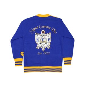Maglione Sigma Gamma Rho SGRho Cardigan Royal Blue maglia con maniche a lettere greche Patch ricamata confraternita greca vita - Product Image 3