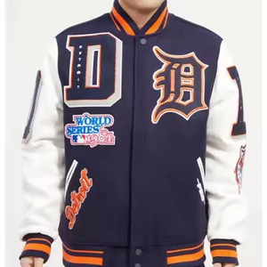 Varsity <b>Jacket</b> <b>Men's</b> Embroidered Letter Patch Design Navy <b>White</b> Cotton Polyester Zipper Front - Product Image 4