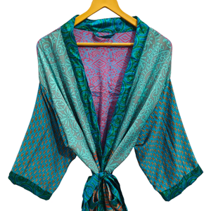 Albornoz de seda Bata de verano Bikini Cover Up Ropa de noche Bata larga, Kimono Sari de seda reciclado vintage indio hecho a mano, - Product Image 1