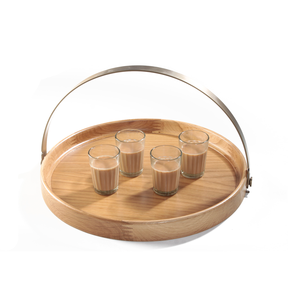 Brass Band Round <b>Tray</b> Wood Serving with Black Metal Handles Great for Ottoman <b>Tray</b> Food Breakfast <b>Eating</b> <b>Tray</b> - Product Image 1