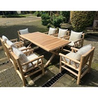 Ensemble de salle à manger d'extérieur en bois de teck tropical, style bohème moderne, artisanal, écologique et durable, pour hôtel et jardin