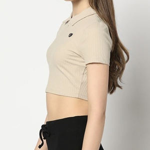 Básico Crop Top Correa Hombro Polo Color Liso Mujeres Contraste Color Crop Tops Slim Fit Blusa Para Mujeres - Product Image 2