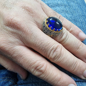 925 Sterling Silver Handmade Oval Blue CZ Stone <b>Men</b> <b>Ring</b> Turkish <b>Ring</b> <b>Men</b> Ottoman Arabic Trendy <b>Ring</b> Accessories Gift for Man - Product Image 4