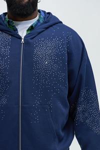 Sudadera con Capucha Oversize de Mezclilla para Hombre, Estilo Vintage con Lavado Ácido, Diseño Distressed Streetwear con Cremallera y Pedrería, 100% Algodón - Product Image 6