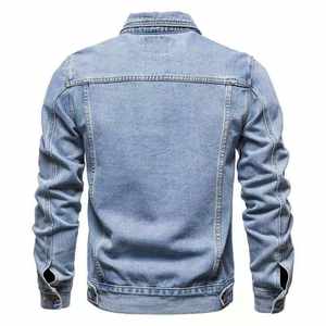 Veste en jean 100% coton pour hommes, veste brodée d'automne en jean décontractée, fermeture à glissière, bouton, coton lavé, bleu - Product Image 2