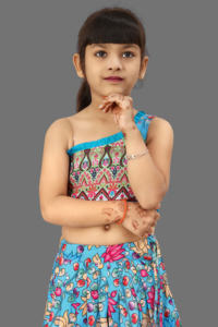 ชุดเลเฮนกาโชลีลายดอกไม้สีน้ำเงินสำหรับเด็กผู้หญิง แบรนด์โชรยัม แฟชั่น ชุดแบบไหล่เดียว สไตล์ชาติพันธุ์อินเดีย สำหรับงานปาร์ตี้แบบดั้งเดิม - Product Image 6